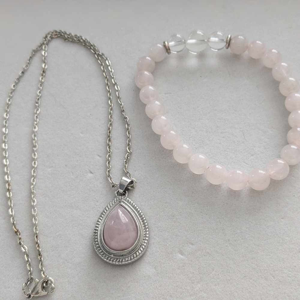 Rose Quartz Pendant Necklace & Bracelet Set Silver Tone Pink Stone